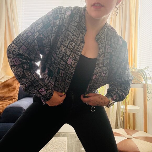 PRICE FIRM Vintage 80s 90s Grey Abstract Print Button Down Blouse Jacket | S/M - Picture 17 of 17